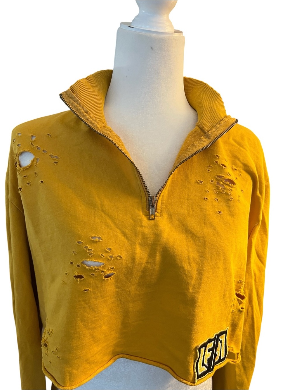 LF Los Angeles Distressed Mustard Yellow Half-Zip Cropped Sweatshirt Size Small